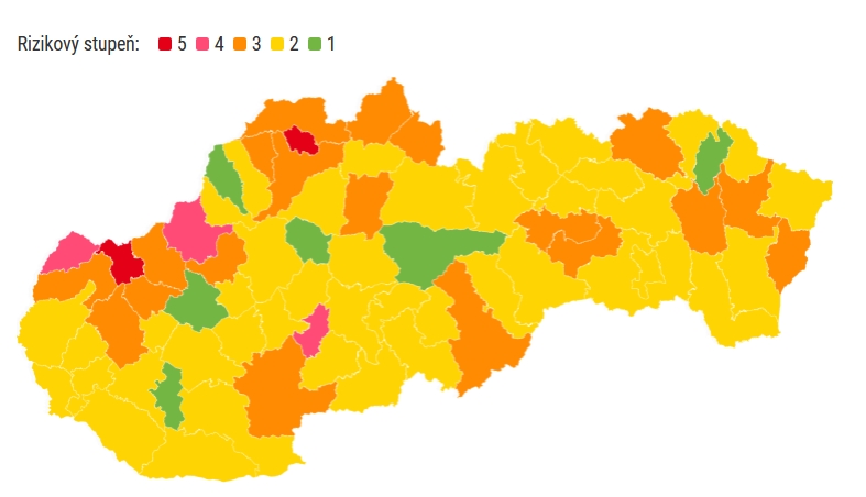 Nové rozdelenie okresov Covid automat od 14. júna. Okres Prievidza ostáva žltý.