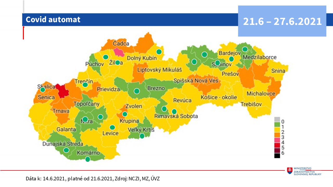 Covid automat: Okres Prievidza ostáva od 21.6 v žltej farbe