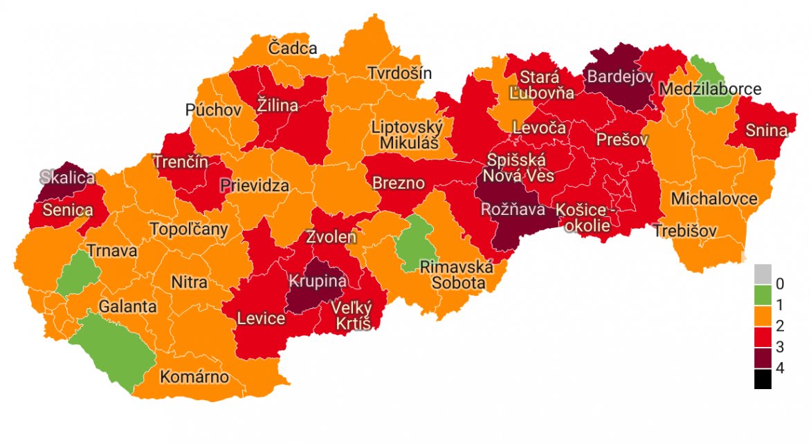 Nový Covid automat: Okres Prievidza ostáva oranžový. V štyroch okresoch bude možno od pondelka po 21. hodine obmedzený pohyb
