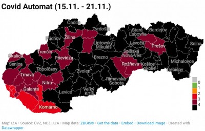Covid automat: Okres Prievidza ostáva od 15.11. bordový. Väčšina Slovenska bude od pondelka v čiernej farbe