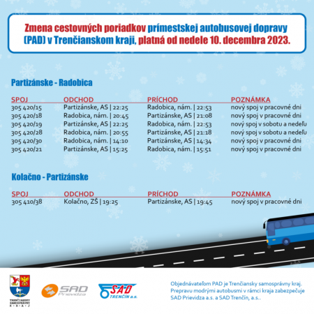 Od nedele 10.12. 2023 platí nový cestovný poriadok prímestskej dopravy. Pozitívne zmeny pocítia aj cestujúci okresu Prievidza 3