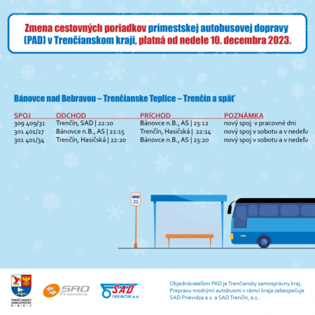 Od nedele 10.12. 2023 platí nový cestovný poriadok prímestskej dopravy. Pozitívne zmeny pocítia aj cestujúci okresu Prievidza 9