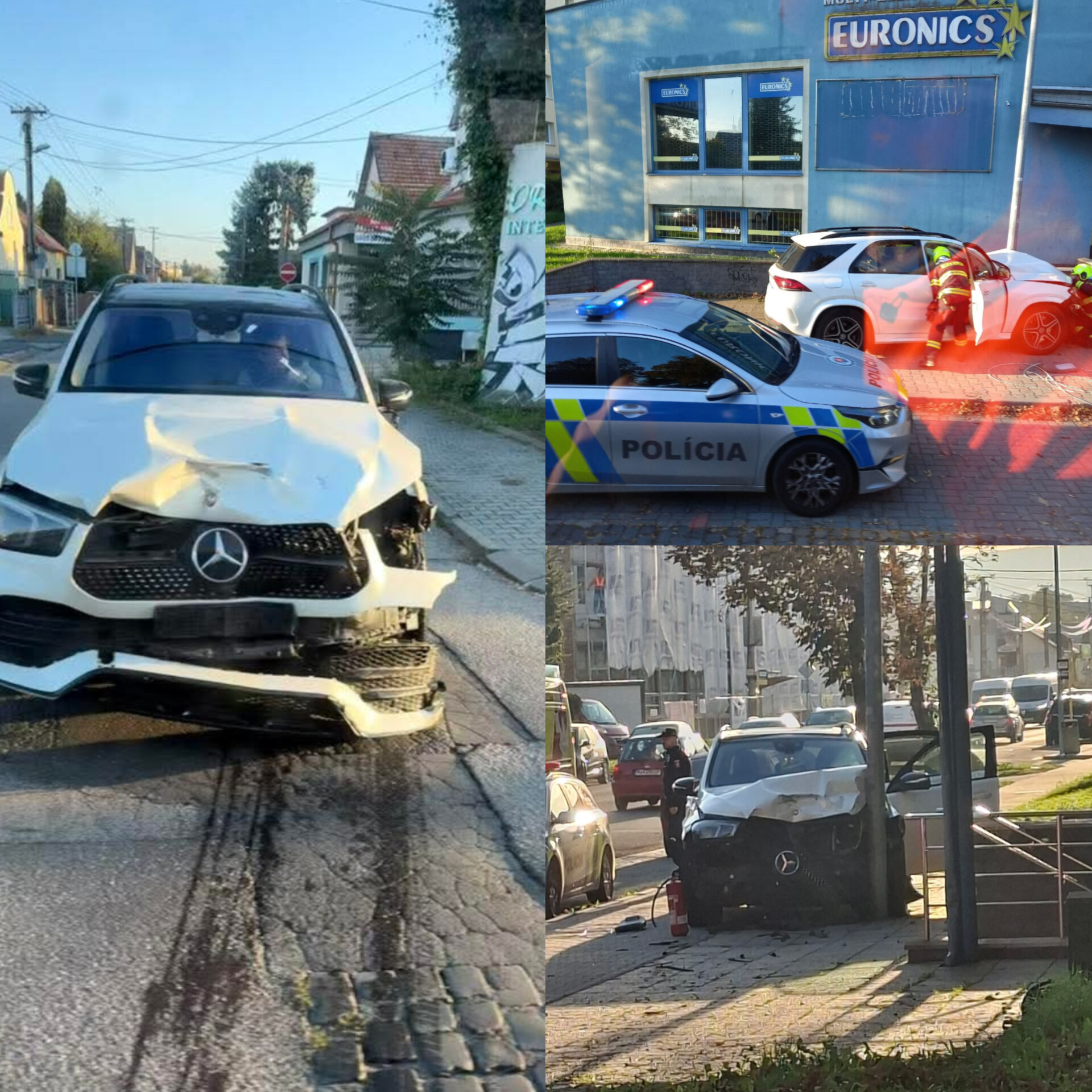 Foto: Vodič Mercedesu v Prievidzi nafúkal 1,46 promile. Poškodil šesť áut, dopravné značenie a stĺp verejného osvetlenia