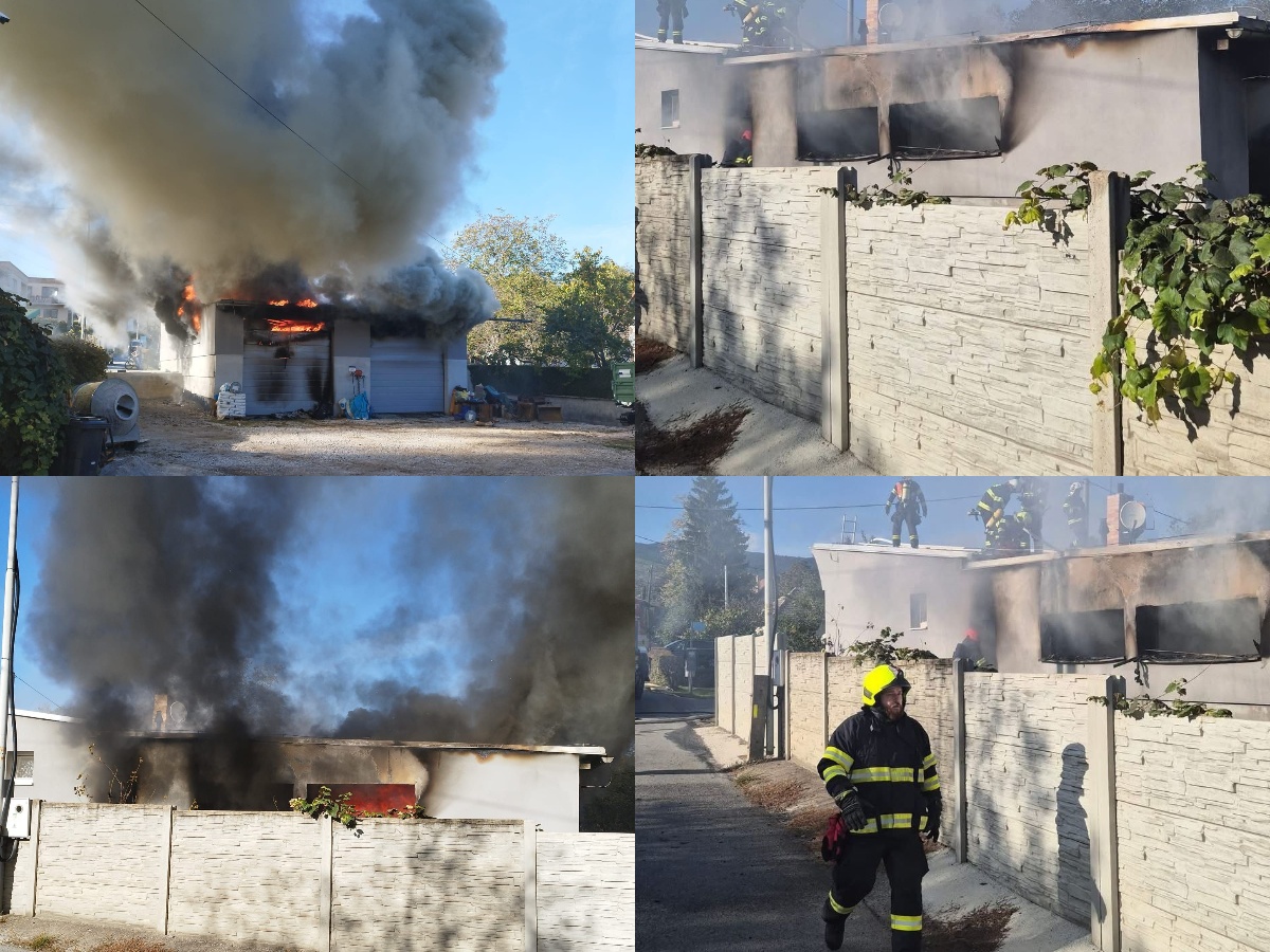 Foto: ROZSIAHLY požiar dvojgaráže pri drevodome v Porube v okrese Prievidza